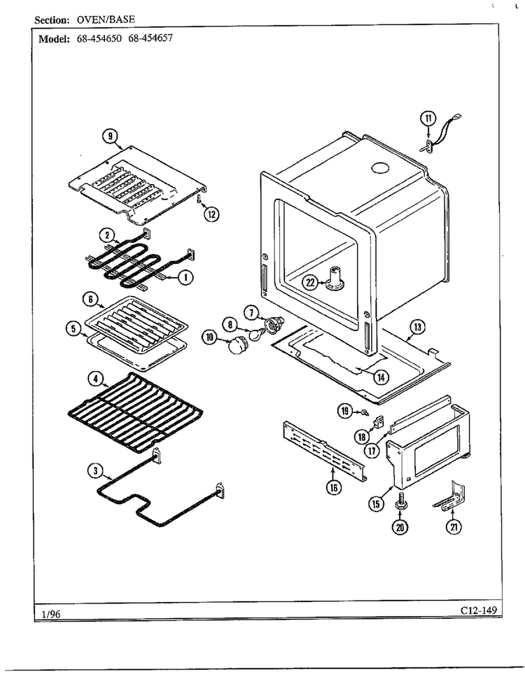 Oven/base Diagram and Parts List for 68-454650  Magic Chef Range