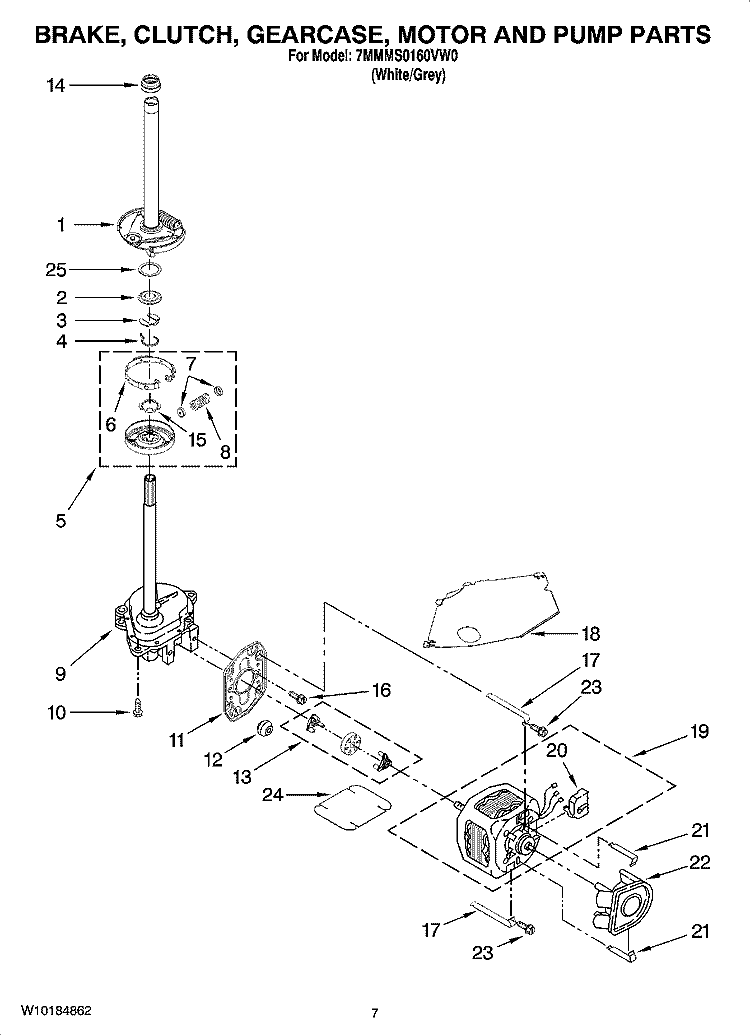 BRAKE, CLUTCH, GEARCASE, MOTOR AND PUMP PARTS Diagram and Parts List for 7MMMS0160VW0  Maytag Washer