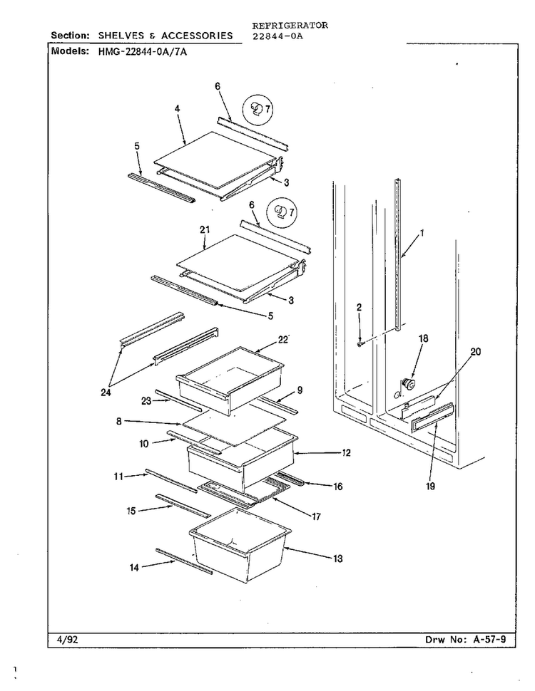 Shelves And Accessories Diagram and Parts List for 22844-0A  Admiral Refrigerator