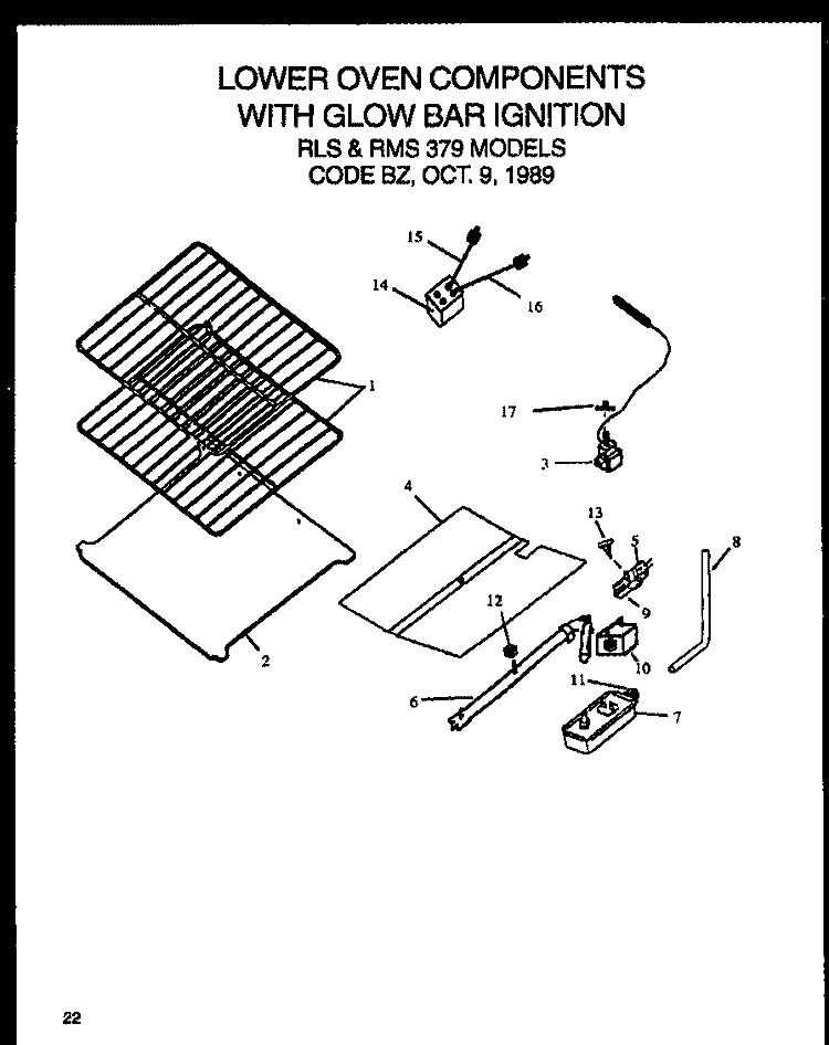 LOWER OVEN COMPNT WITH GLOW BAR IGN Diagram and Parts List for RMS379  Amana Range