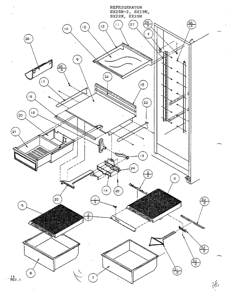 Refrigerator Shelving And Drawers Diagram and Parts List for SX22M  Amana Refrigerator