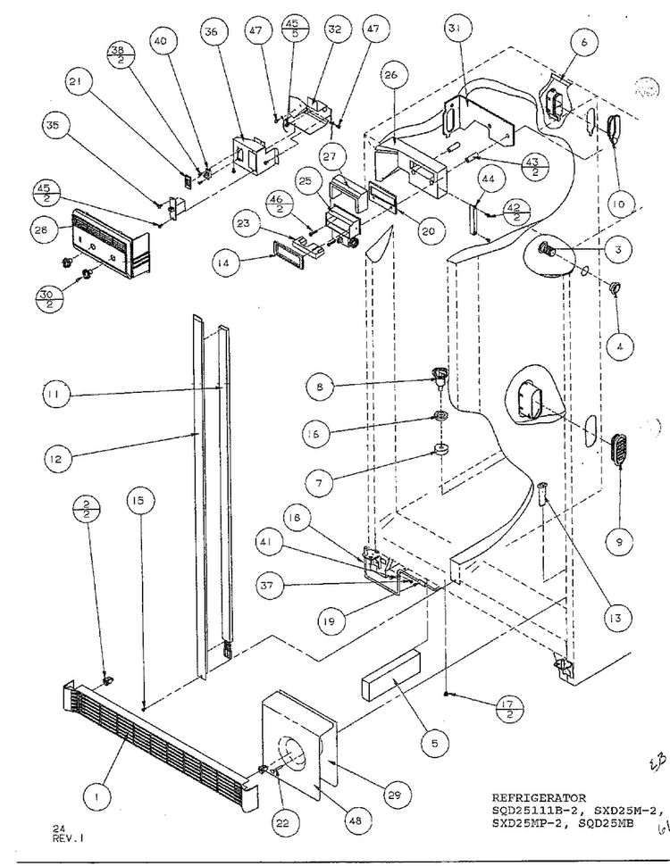 Refrigerator/freezer Controls & Cabinet Parts Diagram and Parts List for SXD25MP-2  Amana Refrigerator
