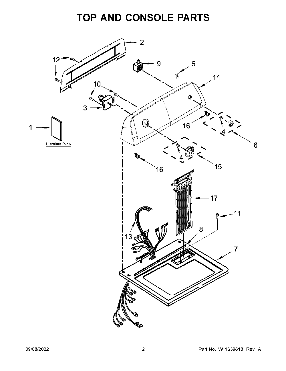 Top And Console Parts Diagram and Parts List for 11070222514  Kenmore Dryer