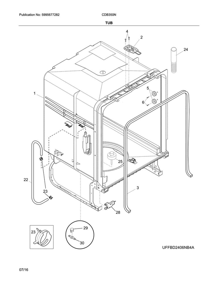 Tub Diagram and Parts List for CDB350NB7B  Crosley Dishwasher