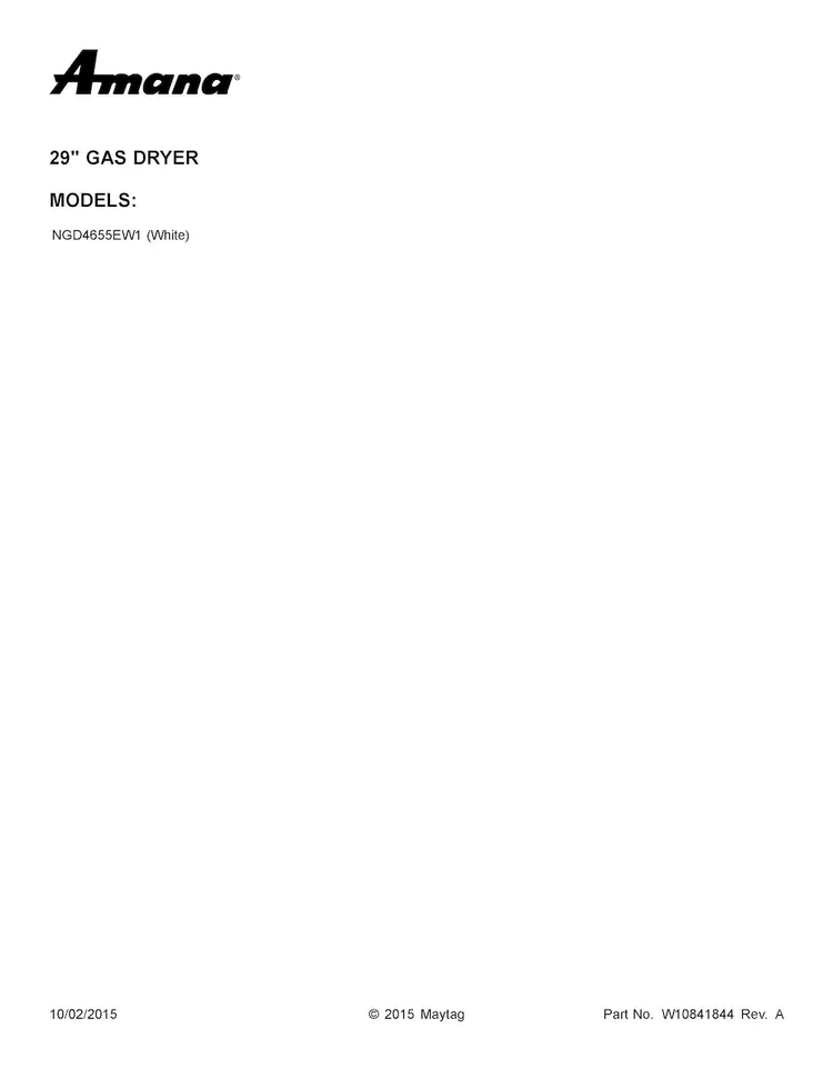 Cover Sheet Diagram and Parts List for NGD4655EW1  Amana Dryer