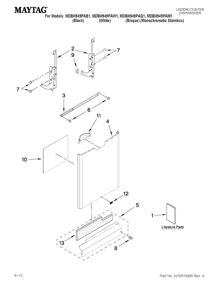 Door And Panel Parts Diagram and Parts List for MDBH949PAB1  Maytag Dishwasher