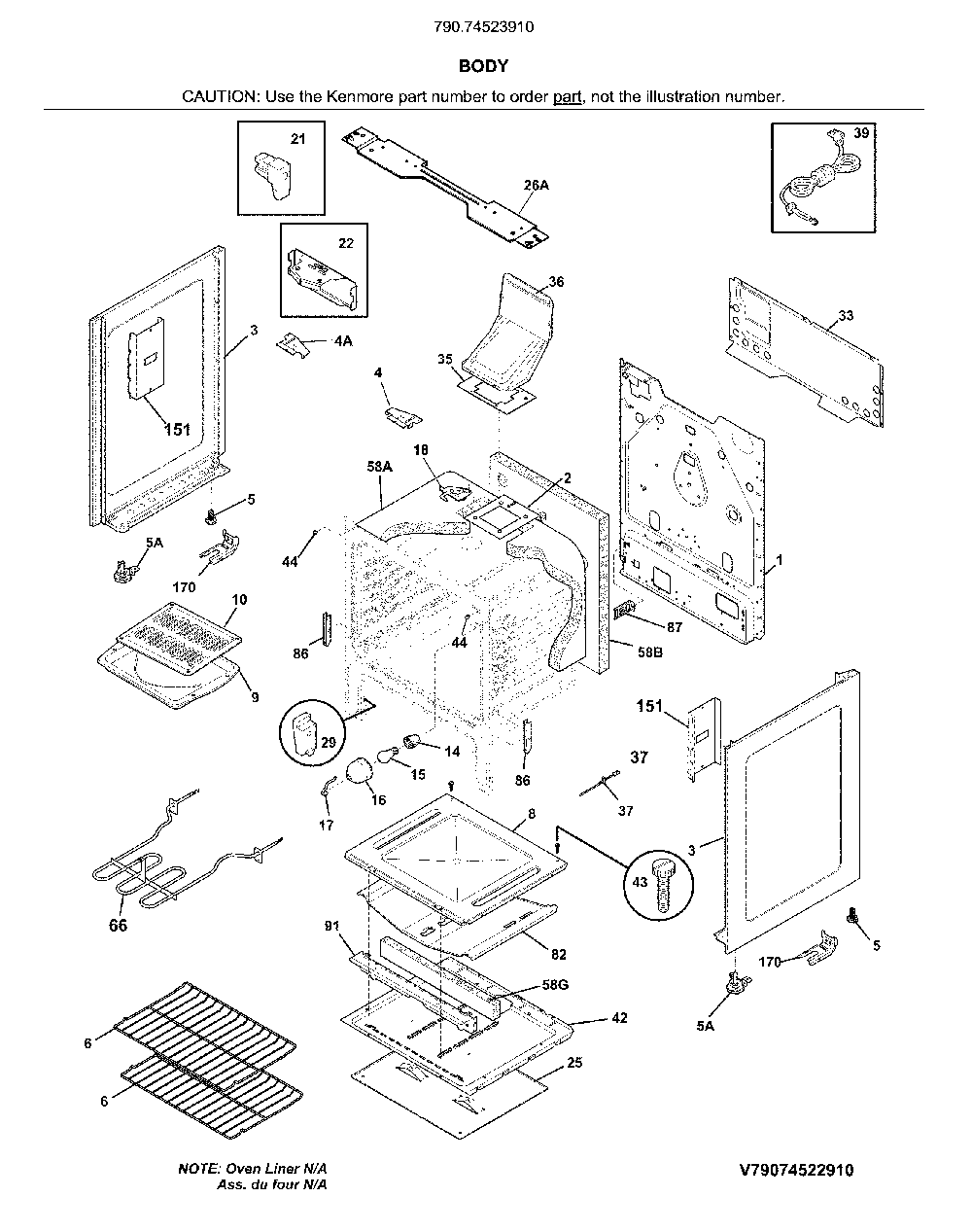 Body Diagram and Parts List for 79074523910  Kenmore Range