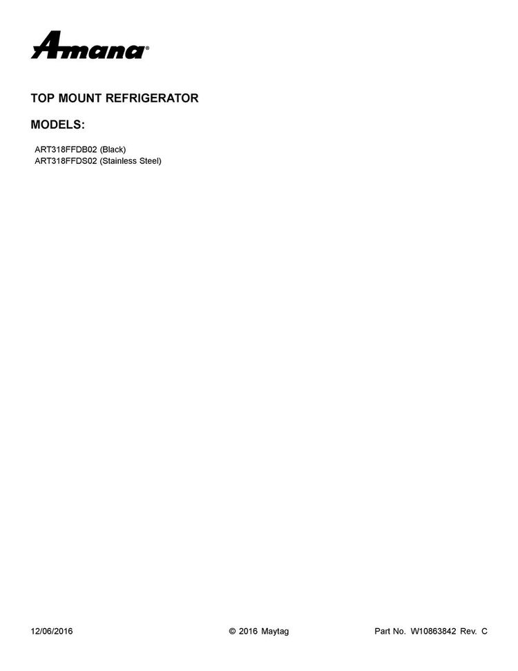 Cover Sheet Diagram and Parts List for ART318FFDB02  Amana Refrigerator