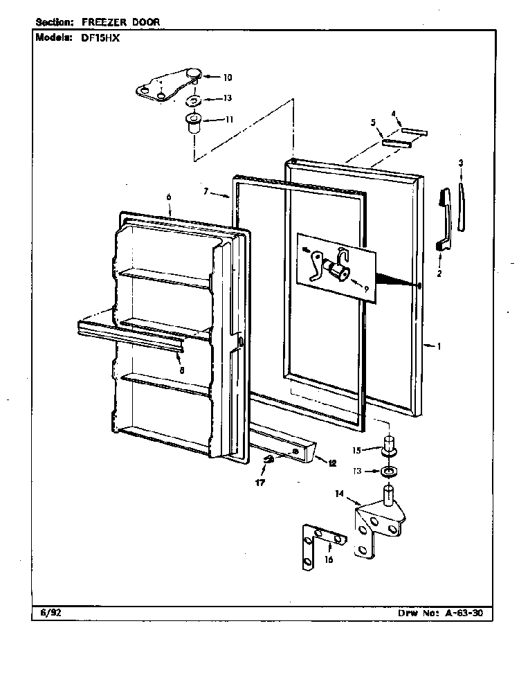 Freezer Door Diagram and Parts List for DF15HX X5Z53 Maytag Refrigerator