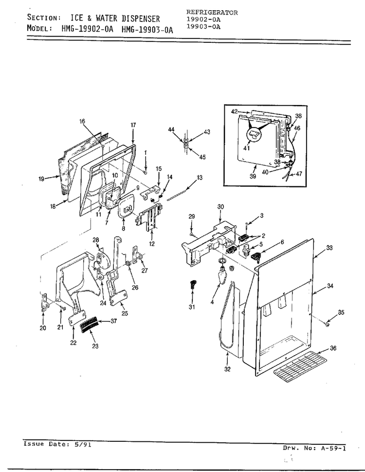 Ice And Water Dispenser Diagram and Parts List for 19903-0A  Admiral Refrigerator