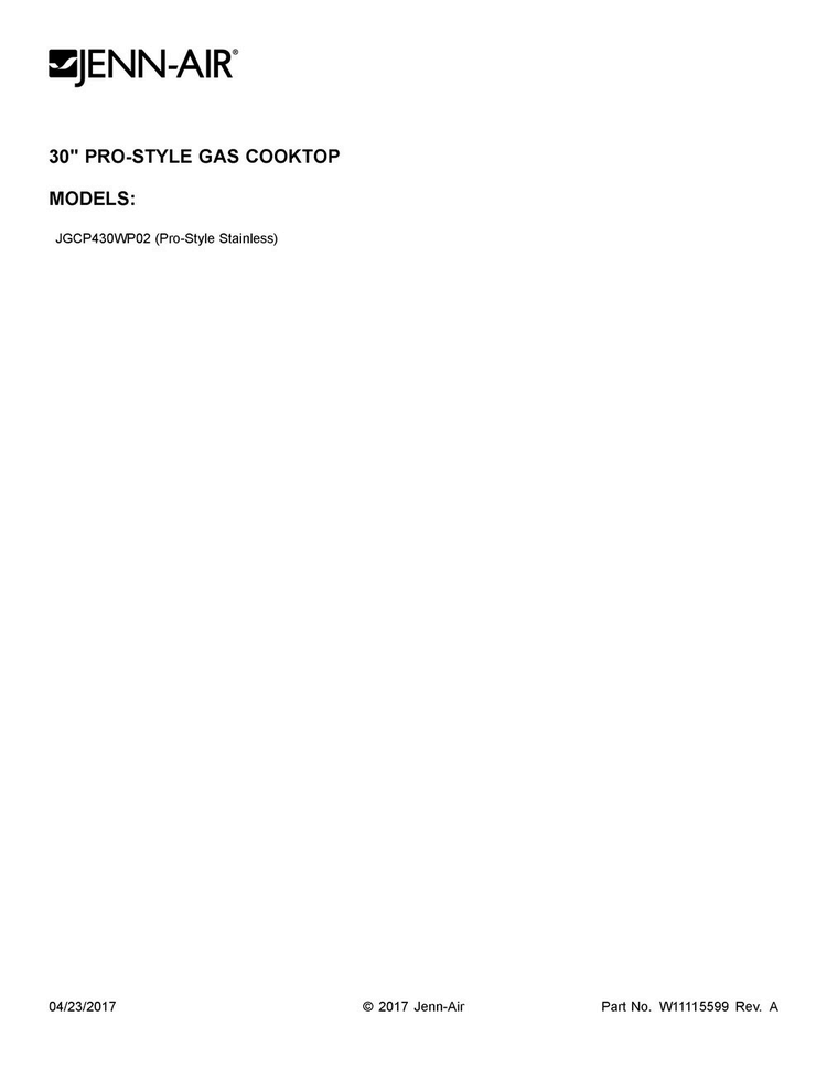Cover Sheet Diagram and Parts List for JGCP430WP02  Jenn-Air Cooktop