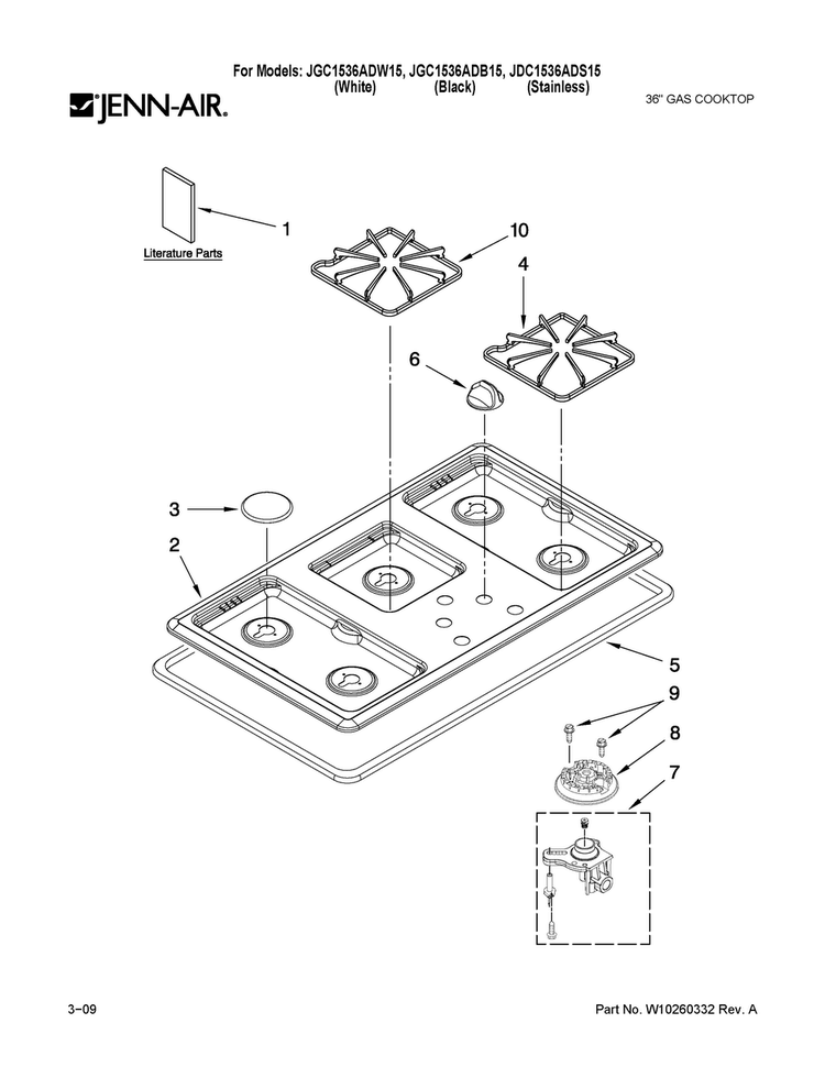 Cooktop, Burner And Grate Parts Diagram and Parts List for JDC1536ADS15  Jenn-Air Cooktop