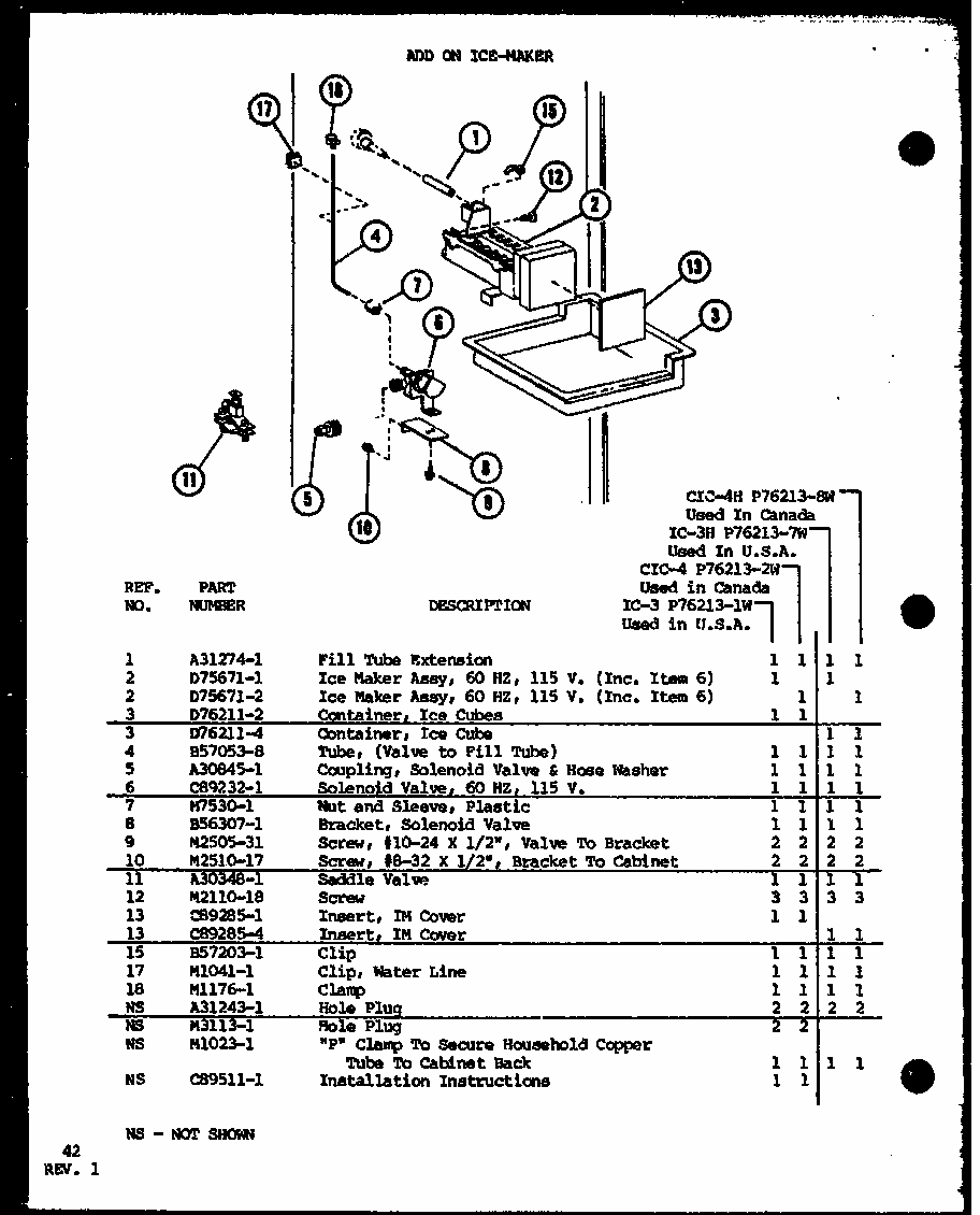 Add On Ice-maker (ic-3/p76213-1w) (cic-4/p76213-2w) (ic-3h/p76213-7w) (cic-4h/p76213-8w) Diagram and Parts List for TL8J-P7739024W  Amana Refrigerator