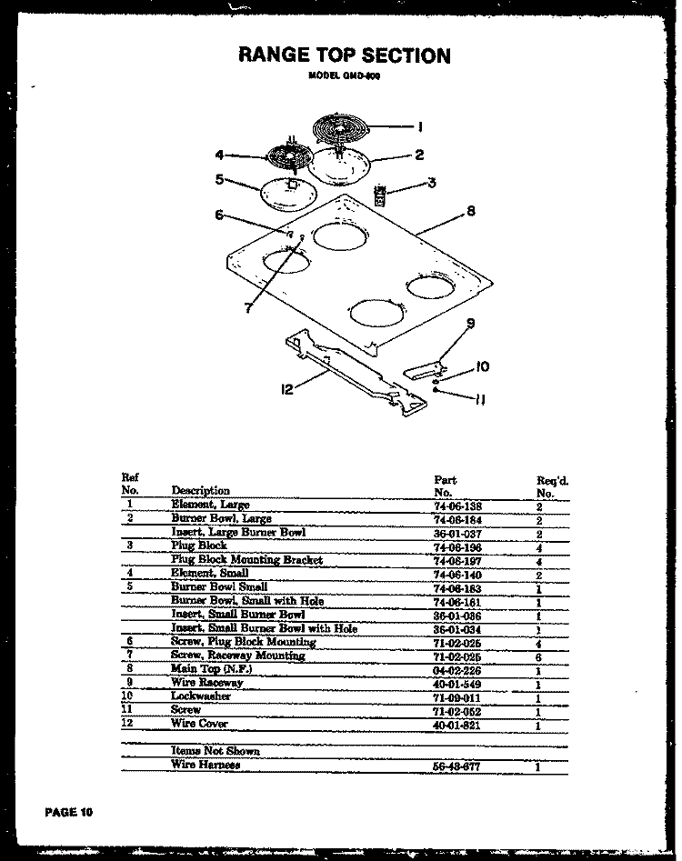 RANGE TOP SECTION Diagram and Parts List for QMD-800  Amana Microwave Oven Combo