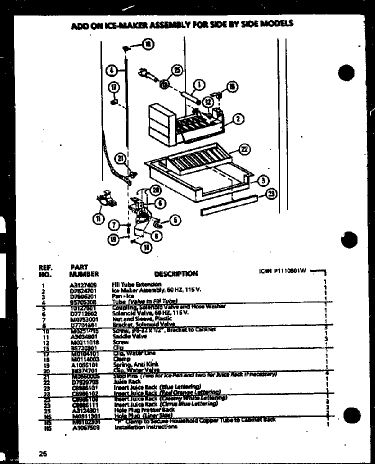 Add On Ice-maker Diagram and Parts List for SX22J-P1116004W  Amana Refrigerator