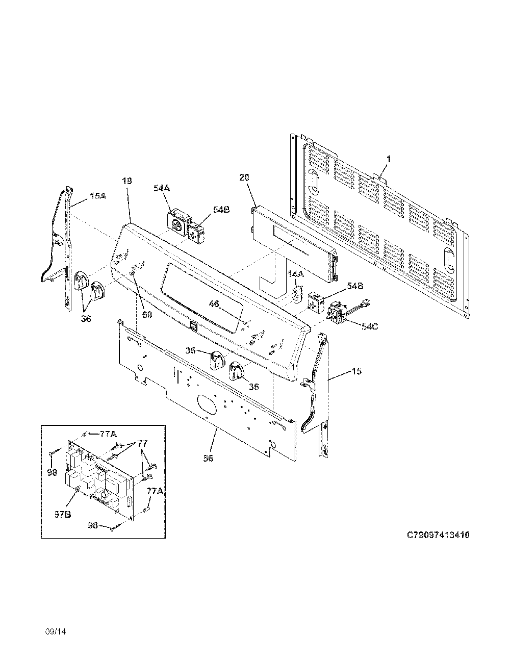 Backguard Diagram and Parts List for 79097403410  Kenmore Range