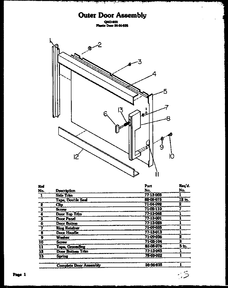 OUTER DOOR ASSY Diagram and Parts List for QMD-800  Amana Microwave Oven Combo