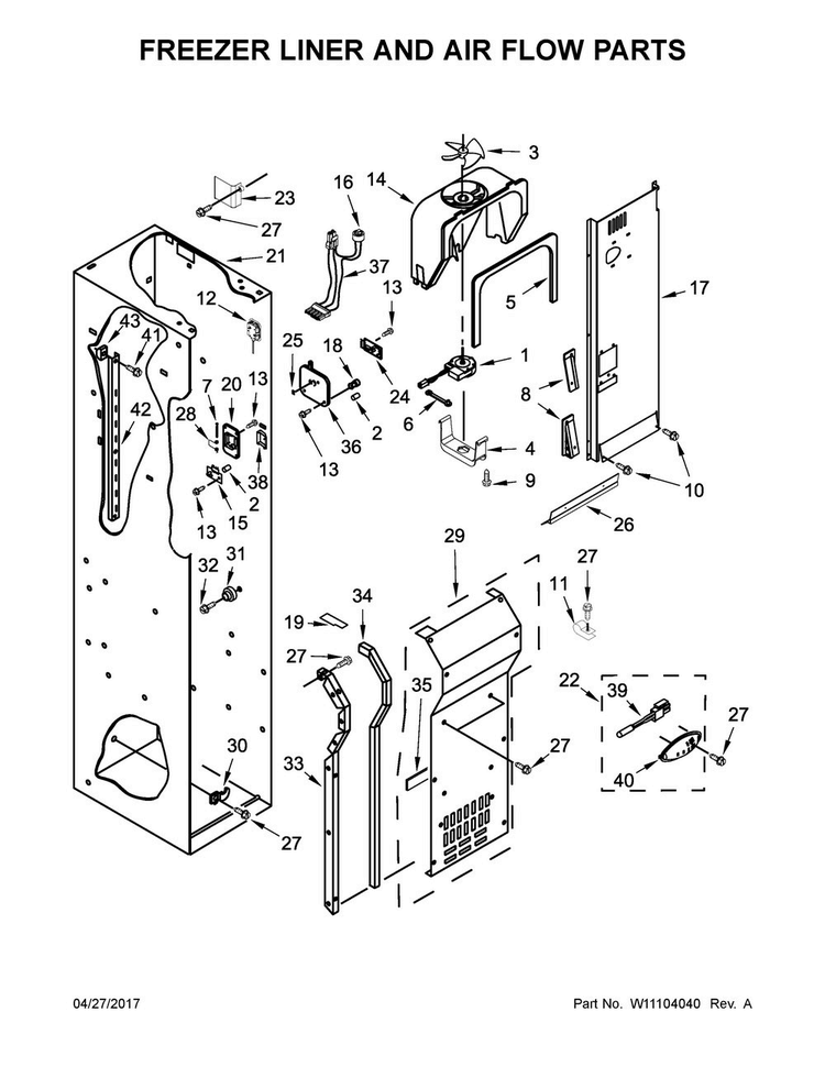 Freezer Liner And Air Flow Parts Diagram and Parts List for JS48PPDUDE01  Jenn-Air Refrigerator