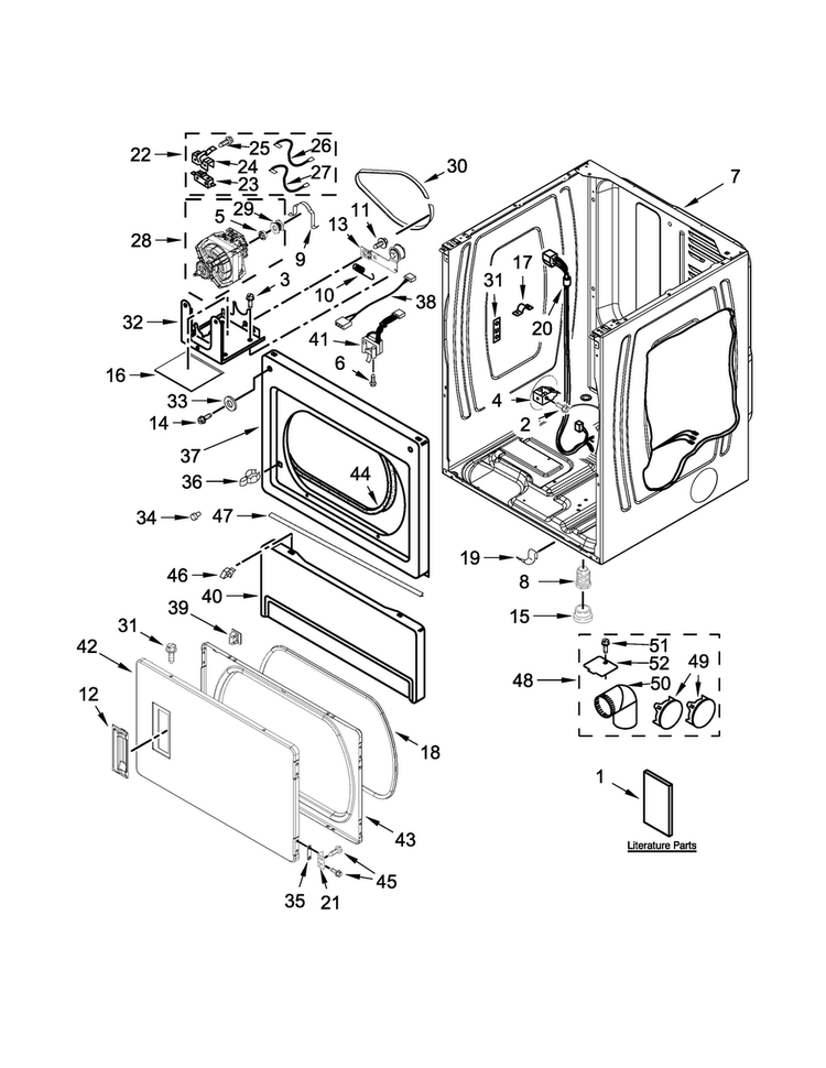 Lower Cabinet And Front Panel Parts Diagram and Parts List for MLE26PDBYW1  Maytag Dryer