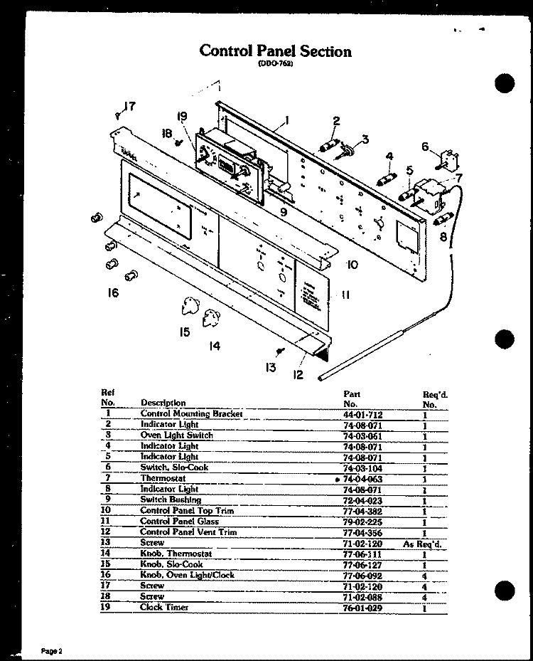 CONTROL PANEL SECTION Diagram and Parts List for DDO-762  Amana Microwave