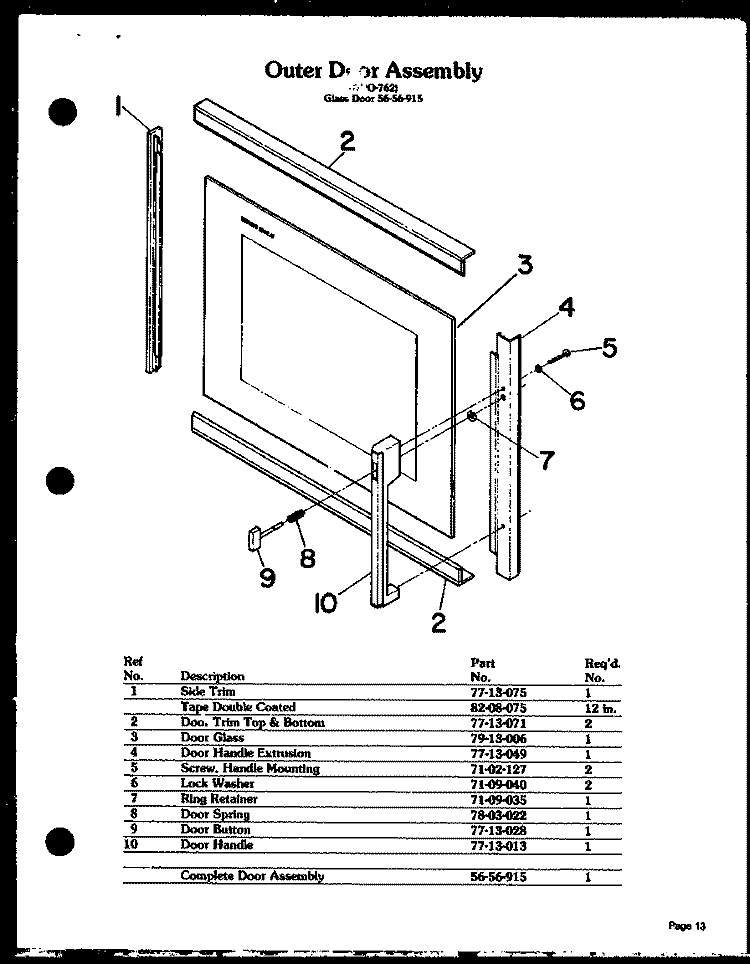 OUTER DOOR ASSY Diagram and Parts List for DDO-762  Amana Microwave