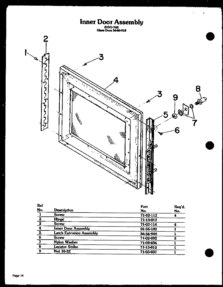 INNER DOOR ASSY Diagram and Parts List for DDO-762  Amana Microwave