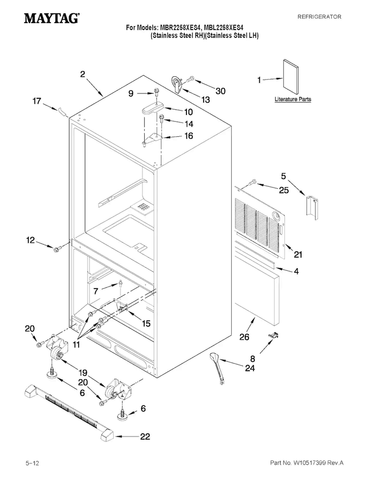 Cabinet Parts Diagram and Parts List for MBL2258XES4  Maytag Refrigerator