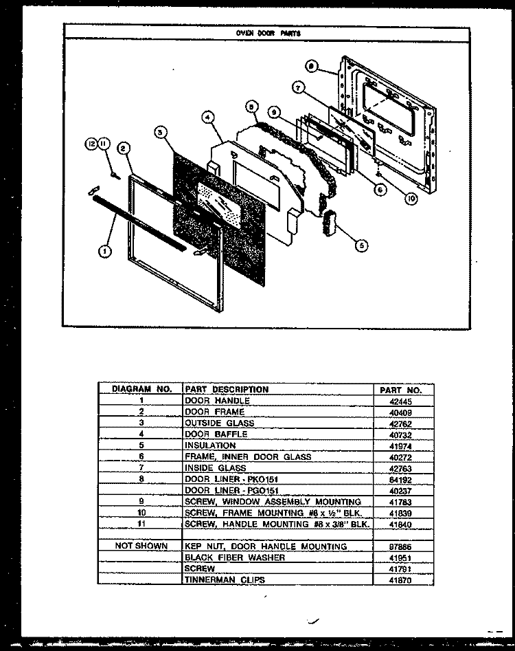 OVEN DOOR PARTS Diagram and Parts List for PKO-151  Amana Wall Oven