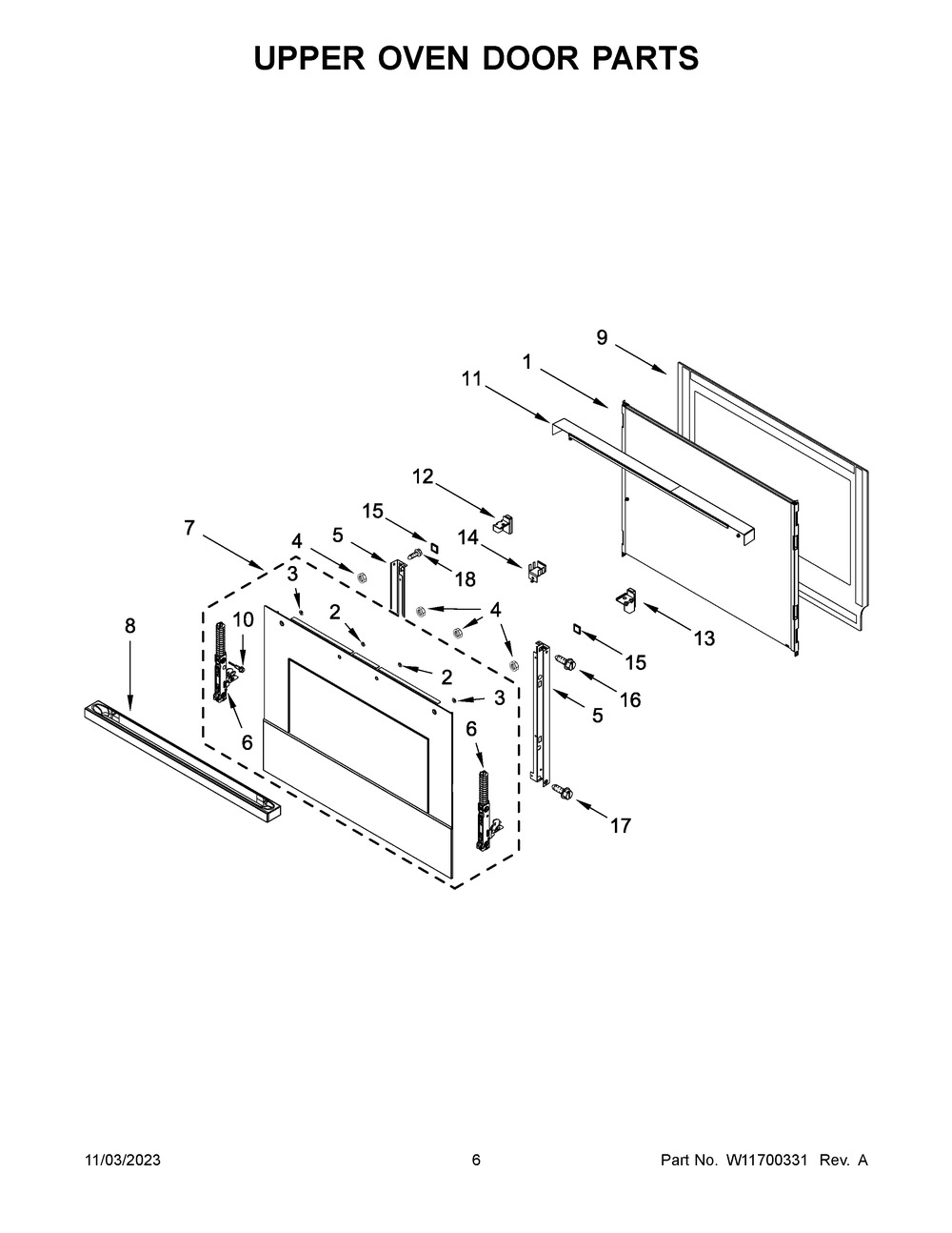 Upper Oven Door Parts Diagram and Parts List for JJW3830LM01  Jenn-Air Wall Oven