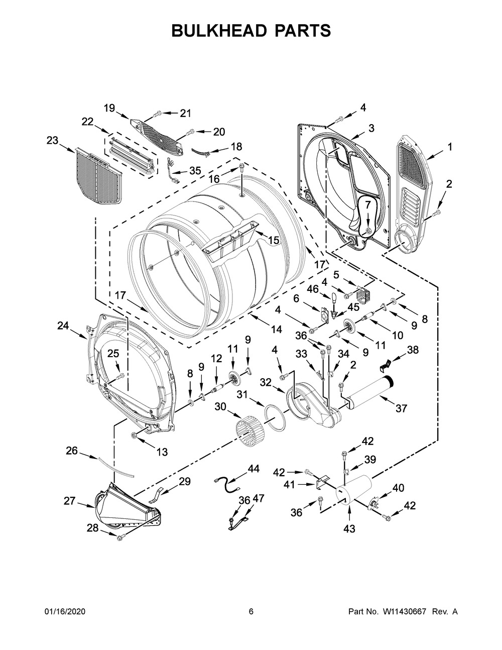 Bulkhead Parts Diagram and Parts List for MGDP576KW0  Maytag Dryer