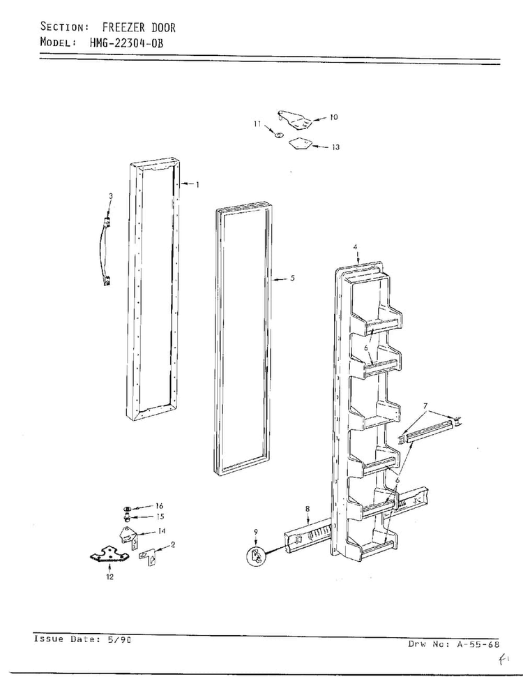 Freezer Door Diagram and Parts List for 22304-0B  Admiral Refrigerator