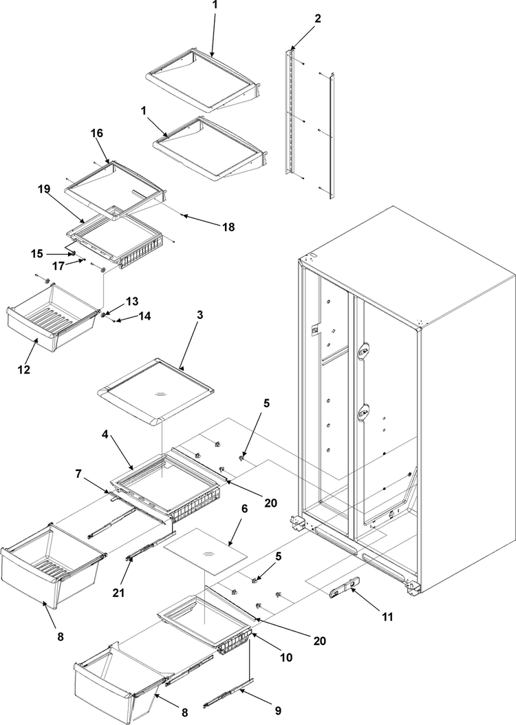 Crisper Assy & Ref Shelf Diagram and Parts List for AS2628HEKB0  Amana Refrigerator