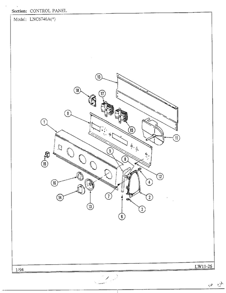 Control Panel Diagram and Parts List for 6746A  Norge Washer