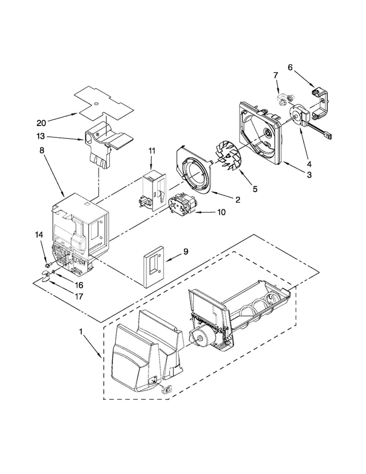 Motor And Ice Container Parts Diagram and Parts List for MFI2569VEA2  Maytag Refrigerator