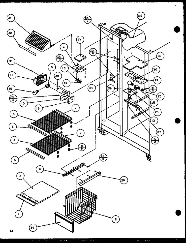 Freezer Shelving And Refrigerator Light Diagram and Parts List for SBD20K-P1117701W  Amana Refrigerator