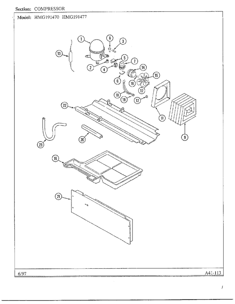 Compressor Diagram and Parts List for HMG191470  Admiral Refrigerator