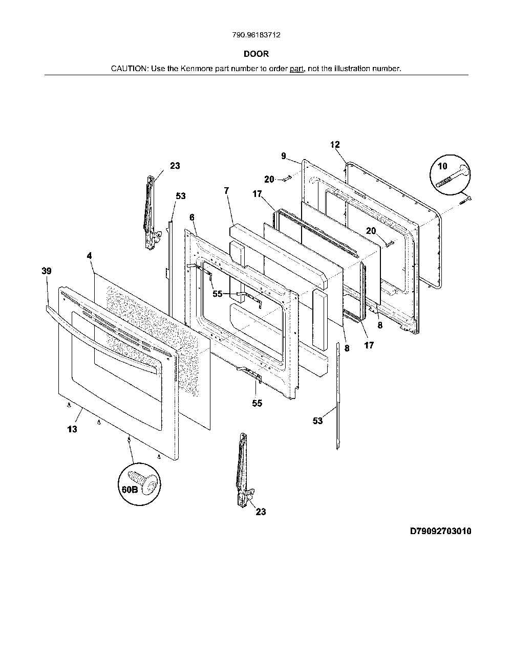 Door Diagram and Parts List for 79096183712  Kenmore Range