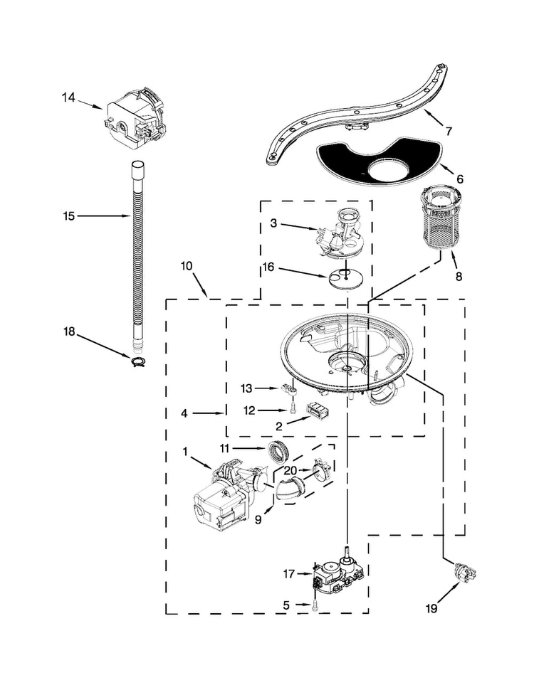 Pump, Washarm And Motor Parts Diagram and Parts List for JDB8500AWX2  Jenn-Air Dishwasher
