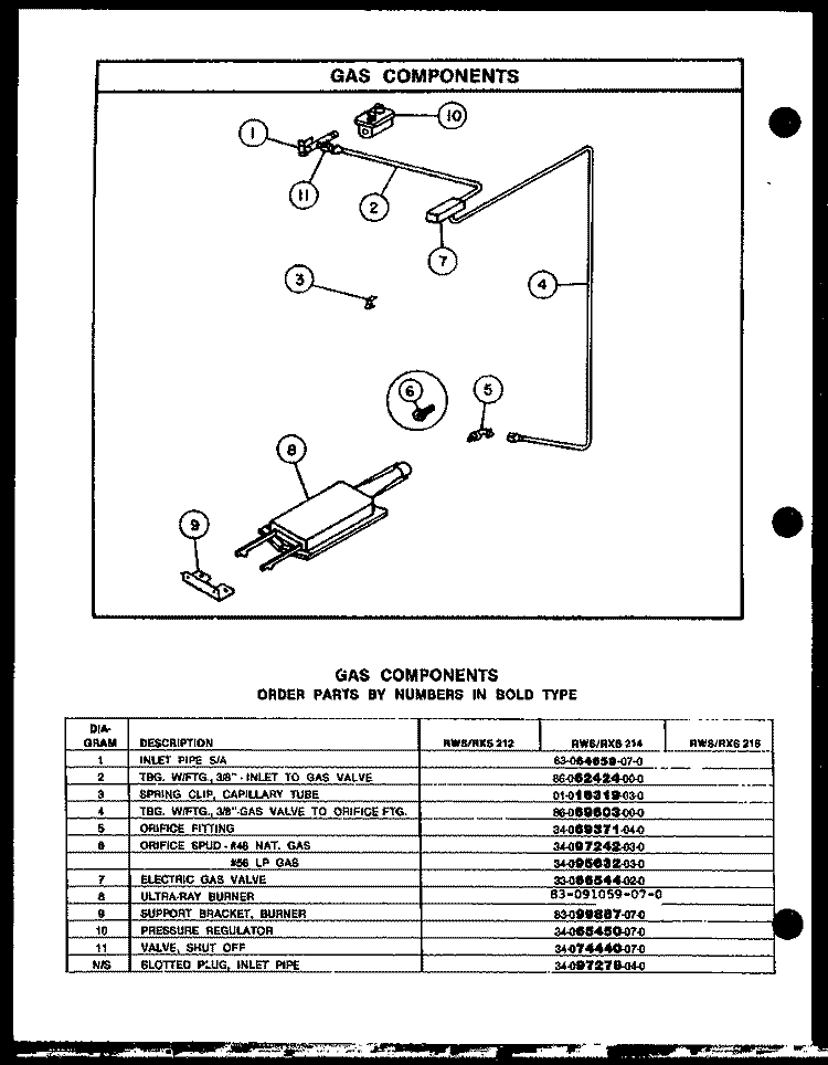 GAS COMPONENTS Diagram and Parts List for RWS212  Caloric Range