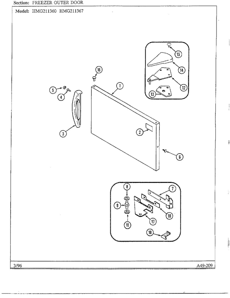 Freezer Outer Door Diagram and Parts List for HMG211360  Admiral Refrigerator