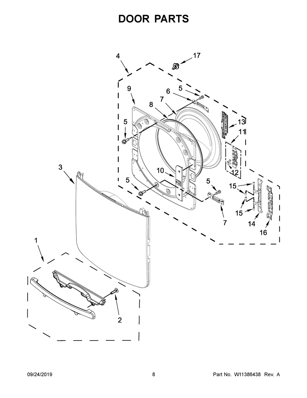 Door Parts Diagram and Parts List for YMED8630HW1  Maytag Dryer