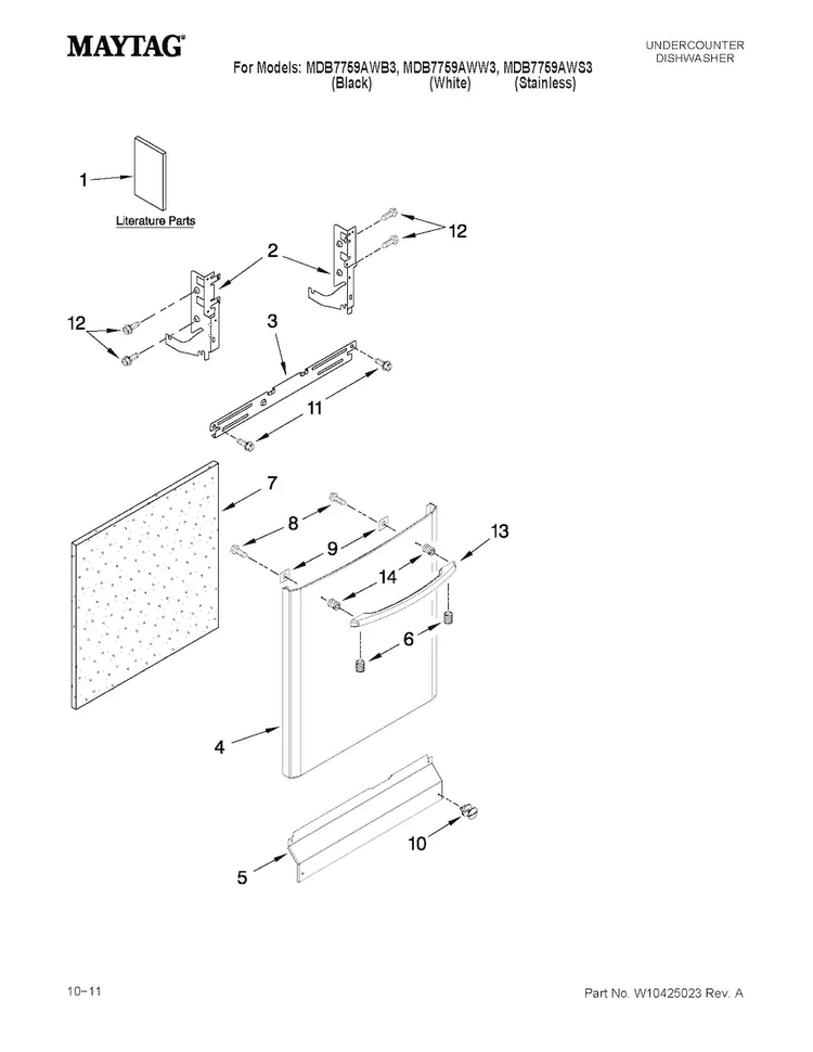 Door And Panel Parts Diagram and Parts List for MDB7759AWS3  Maytag Dishwasher