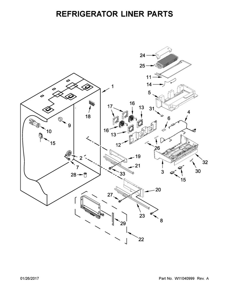 Refrigerator Liner Parts Diagram and Parts List for JB36NXFXLE01  Jenn-Air Refrigerator