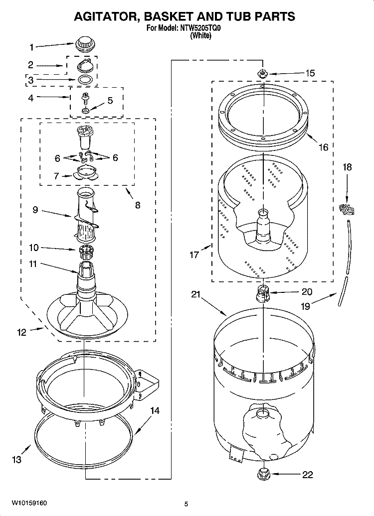 AGITATOR, BASKET AND TUB PARTS Diagram and Parts List for NTW5205TQ0  Amana Washer