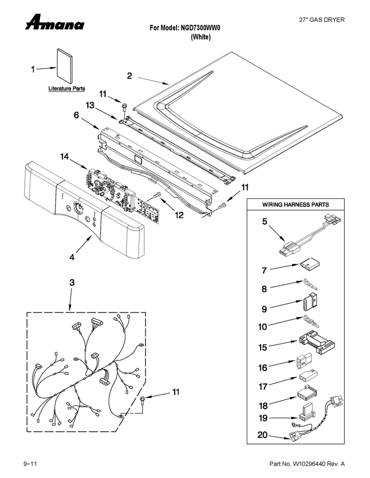 Top And Console Parts Diagram and Parts List for NGD7300WW0  Amana Dryer
