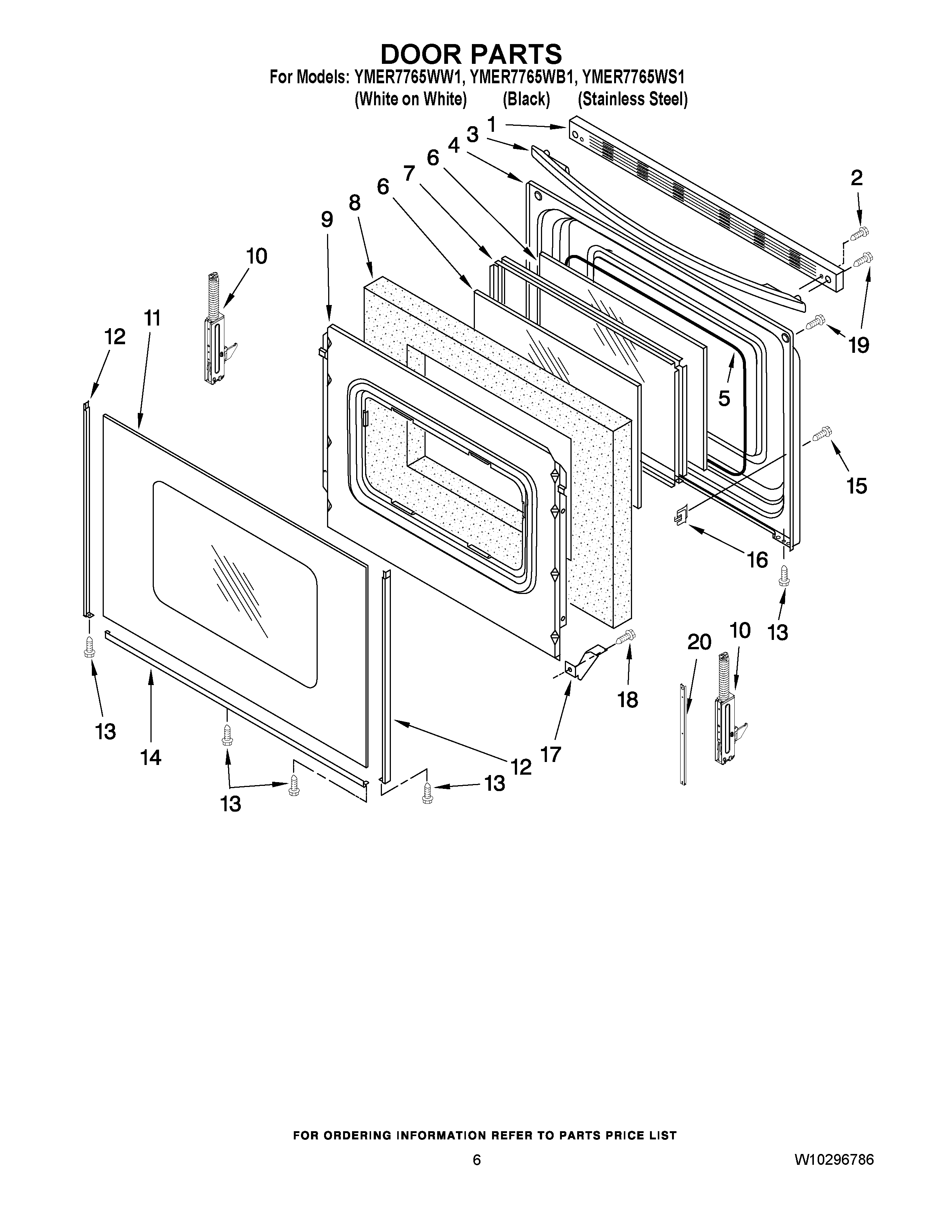 05 - DOOR PARTS Diagram and Parts List for YMER7765WS1  Maytag Range