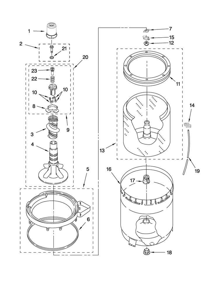 Agitator, Basket And Tub Parts Diagram and Parts List for 6AMTW5555TQ1  Maytag Washer