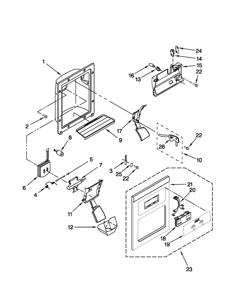 Dispenser Front Parts Diagram and Parts List for ASD2522WRD04  Amana Refrigerator