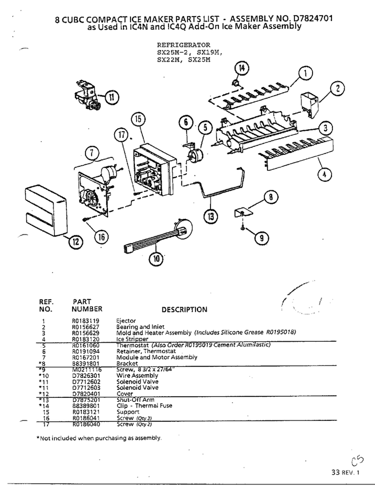 8 Cubc Compact Ice Maker Diagram and Parts List for SX22M  Amana Refrigerator