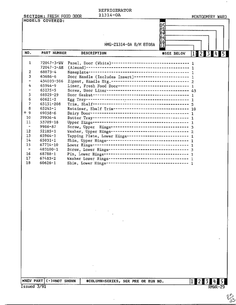 Fresh Food Door Page 2 Diagram and Parts List for 21314-0A  Admiral Refrigerator